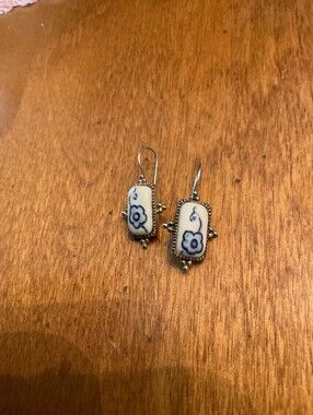925 Marked Sterling Silver Delft Blue and WhiteFloral Drop Earrings